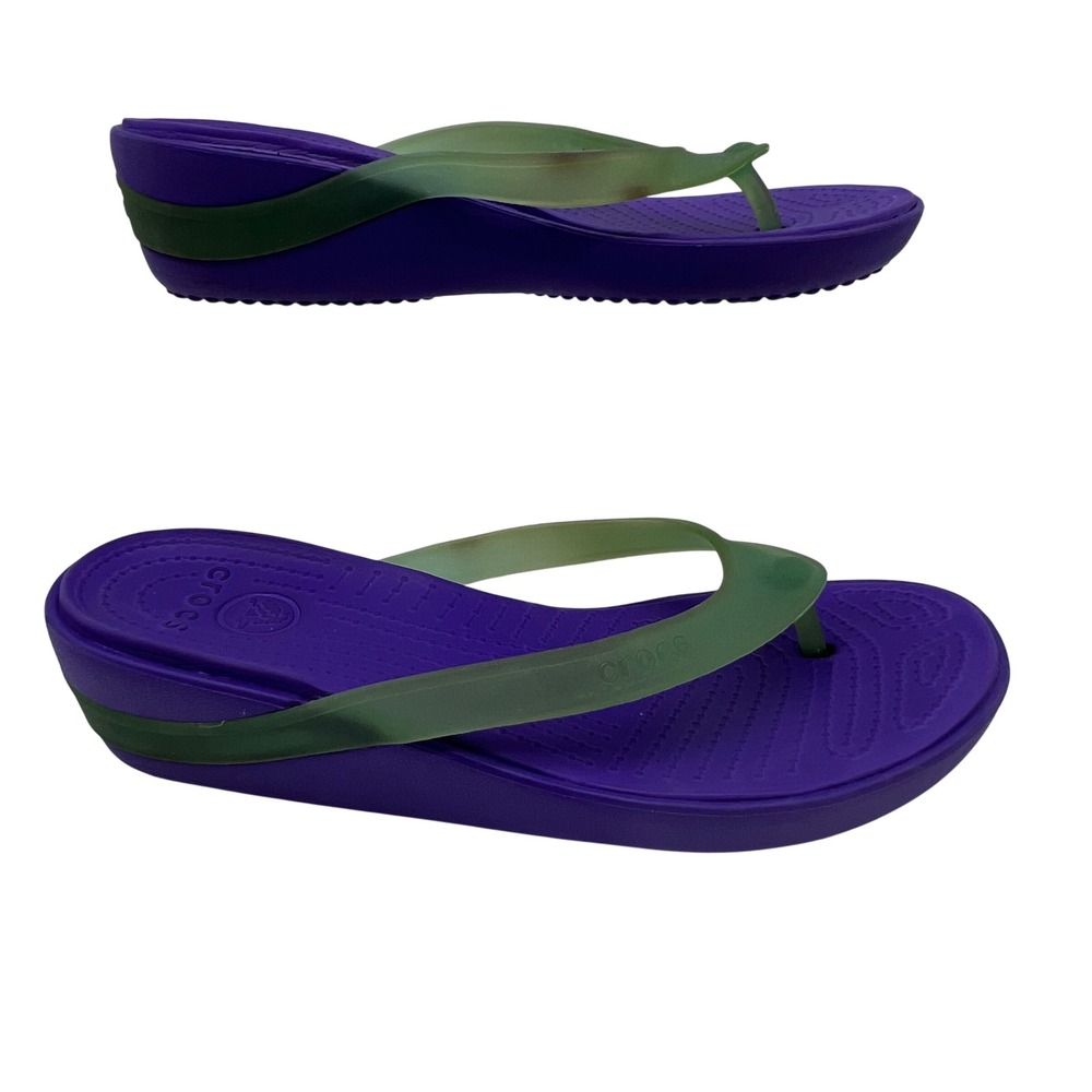 Crocs Carlie Wedge Flip Flops Womens 6 Purple Green Strap Platform Thong Sandals